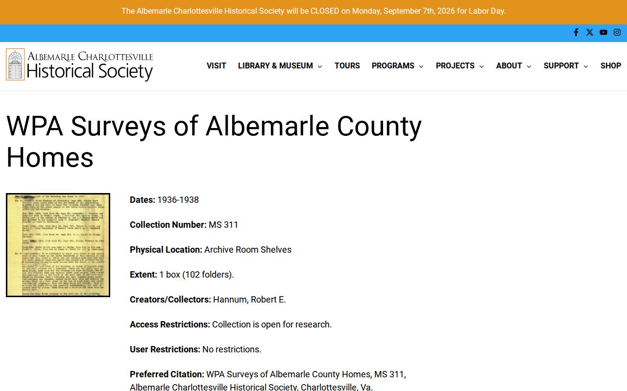 Charlottesville previous residents ACHS WPA house surveys collection