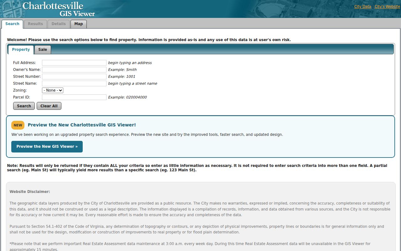 Charlottesville residents directory GIS property search fields