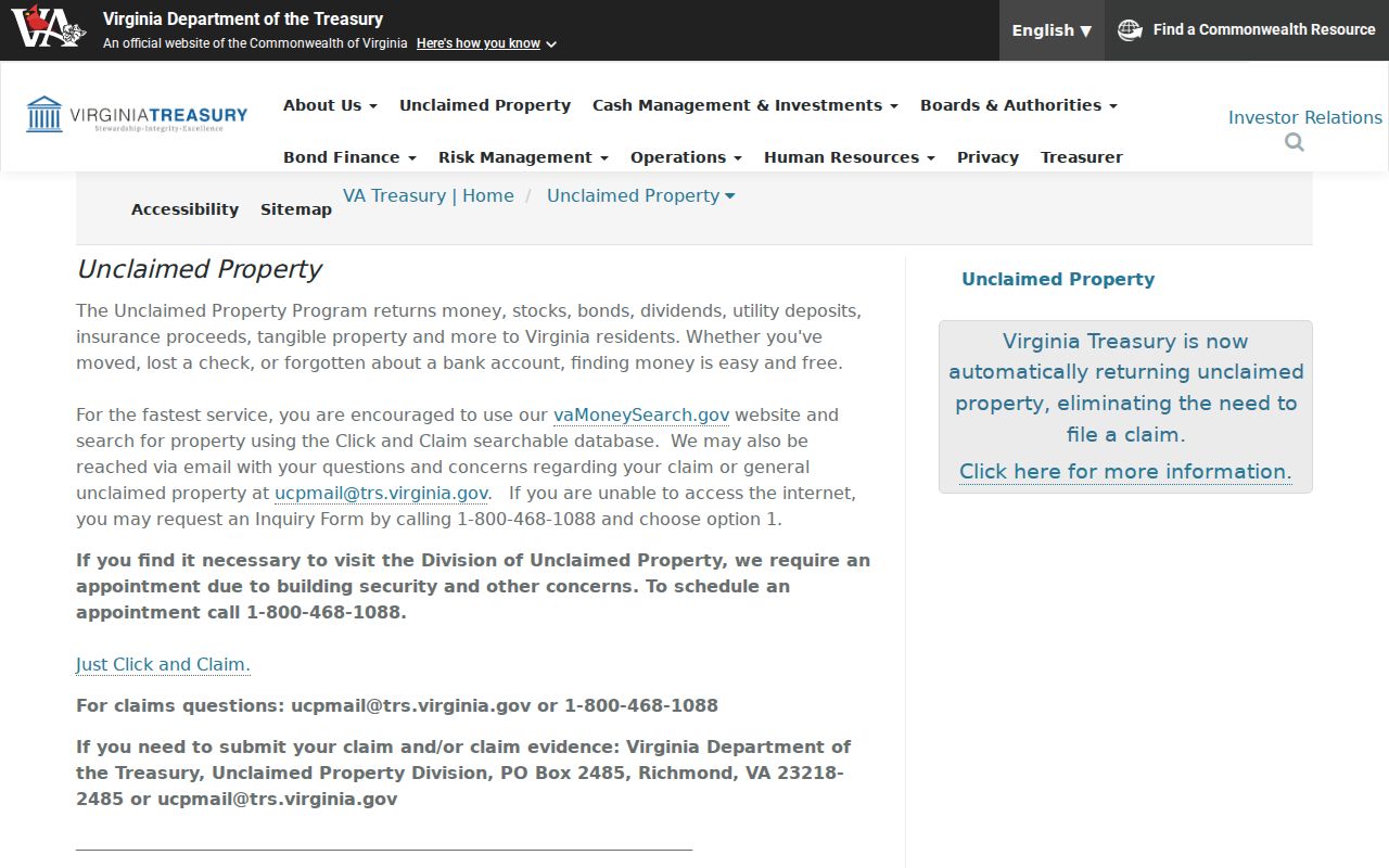 Charlottesville residents directory Virginia unclaimed property search information